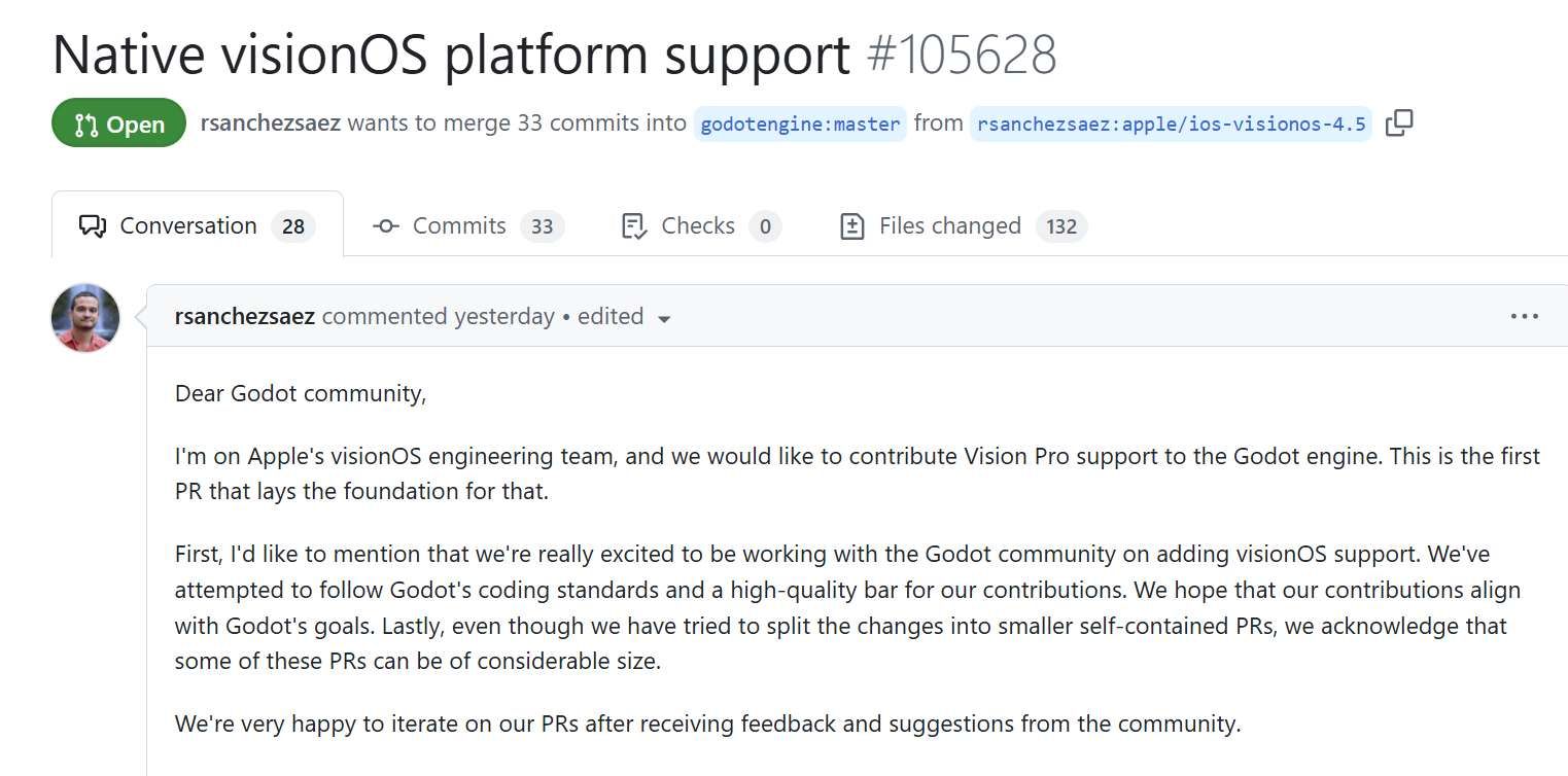 蘋果計劃為Godot引擎添加visionOS支持,解決Vision Pro內容荒