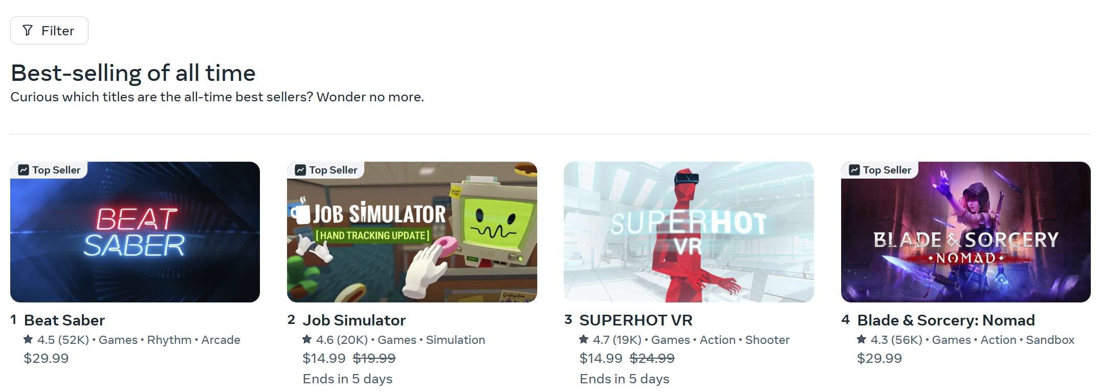 Quest Store全時期暢銷TOP50榜單：Beat Saber登頂，付費游戲主導暢銷榜