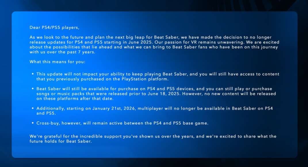 Meta宣布《Beat Saber》停止為PSVR平臺更新,并計(jì)劃關(guān)閉多人服務(wù)