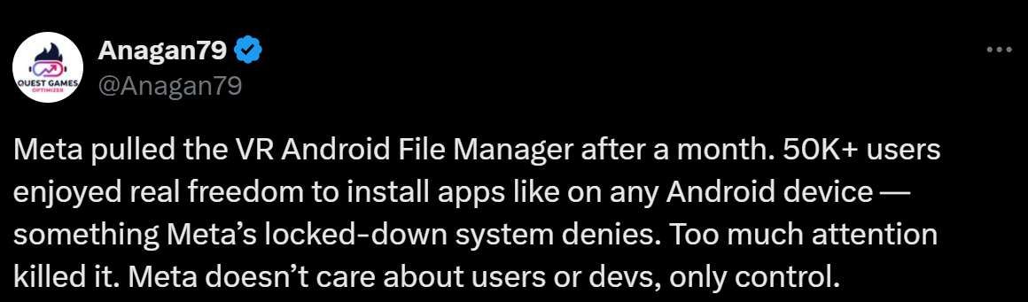 Meta下架Quest側載工具VR Android File Manager，上線1個月獲5萬用戶