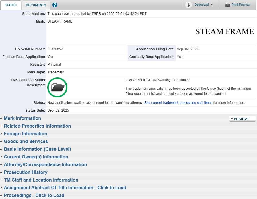 Valve申請Steam Frame商標并推進Deckard VR設備開發