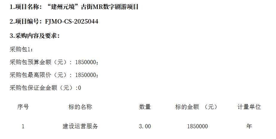 建甌市旅游投資開發(fā)有限公司185萬采購古街MR數(shù)字劇游項目