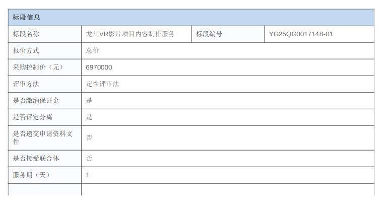深圳市文旅公司697萬元招標龍川VR影片內容制作服務